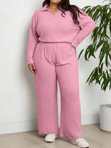 EURMUSE Plus Size Casual Loose Long Sleeve Top And Wide Leg Pants 2 Pieces Set - Baby Pink - View 3