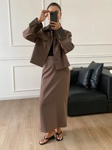 DAZY 女士休闲时尚街头风PU拼接翻盖口袋外套和半身裙两件套，秋季女士家居服套装 - 棕色 - 查看 3