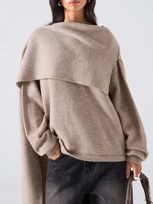 LYSMO 女士休闲宽松不对称领落肩毛衣，秋冬 - 卡其色 - 查看 1
