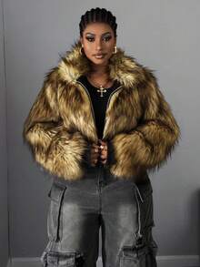 Maweii Plus Size Women Faux Fur Lapel Zip-Up Waist Cinched Short Jacket, Rugged Outerwear, Brown, Autumn/Winter - Brown - View 2