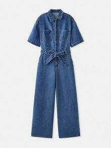 lacRébo Bộ đồ liền thân denim tay ngắn có thắt lưng có túi ngực dành cho nữ mùa thu đông - Rửa tối - Xem 7