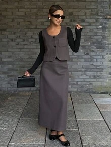 DAZY 2 piezas Conjunto casual y elegante de mujer con top ajustado de unicolor y falda recta con abertura en el bajo para otoño/invierno - Gris - Ver 6