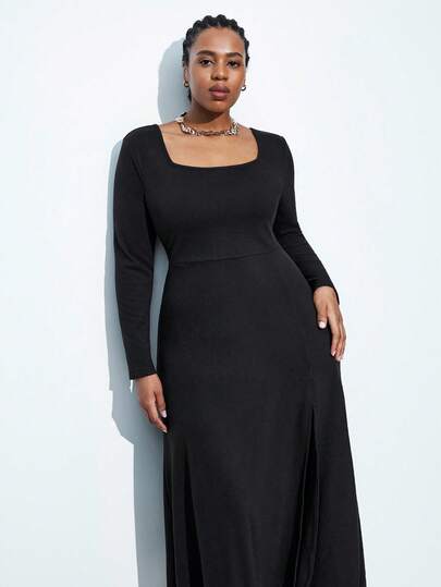 Maija Plus Size Women's Square Neck U-Neck Long Sleeve Flared Hem Dress, Elegant Work Dress, Versatile Dress For Winter, Suitable For Halloween, Christmas, New Year Party Halloween Halloween Costume For Women Christmas Christmas Women's Clothing New Year Dress New Year Women Thanksgiving Outfit For Women Old Money Romantic, Fashion, Versatile;  Comfortable,  Stylish, Elegant, Casual, , Simple Daily Wear, Essential, Solid Color, Holiday Casual, Decent, Single Lady,  Elegant