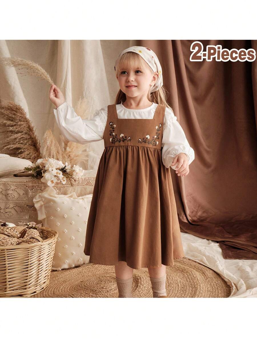 Loomiva 2pcs/Set Toddler Girl's Solid Crew Neck Long Sleeve Pullover Top & Floral Print Suspender Dress,Vintage Boho Style Autumn Family Matching Outfit - Khaki - View 1