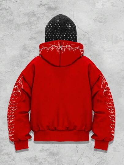 Anime Chaqueta con capucha con cremallera estilo gótico elegante en color oscuro con adornos de rhinestone para hombres, para el otoño