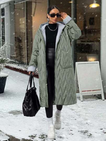 EURMUSE Women Long Padded Coat With Special Stitching Design, Big Pockets, Hood Details, Zigzag Stitching Design, Long And Fashionable
