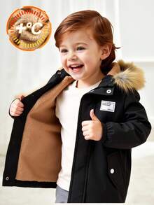 SHEIN Baby Boys Casual Solid Color Thermal Lined Practical Pocket Letter Decor Faux Fur Trim Hooded Long Padded Coat, Suitable For Back To School, Birthday, Baby Shower, Holiday Party, Autumn/Winter Baby Boys Winter Coats Toddler Coats Baby Boy Jackets Baby Boys Fall Winter Clothes Baby Boys Jackets