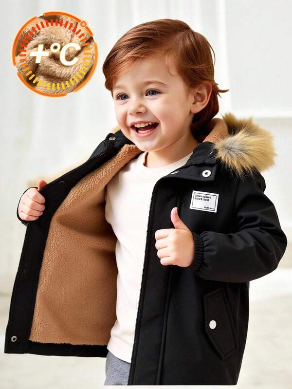 SHEIN Baby Boys & Girls Casual Solid Color Fleece Lined Practical Pocket Letter Decor Faux Fur Trim Hooded Long Padded Coat, Suitable For Back To School, Birthday, Baby Shower, Holiday Party, Autumn/Winter