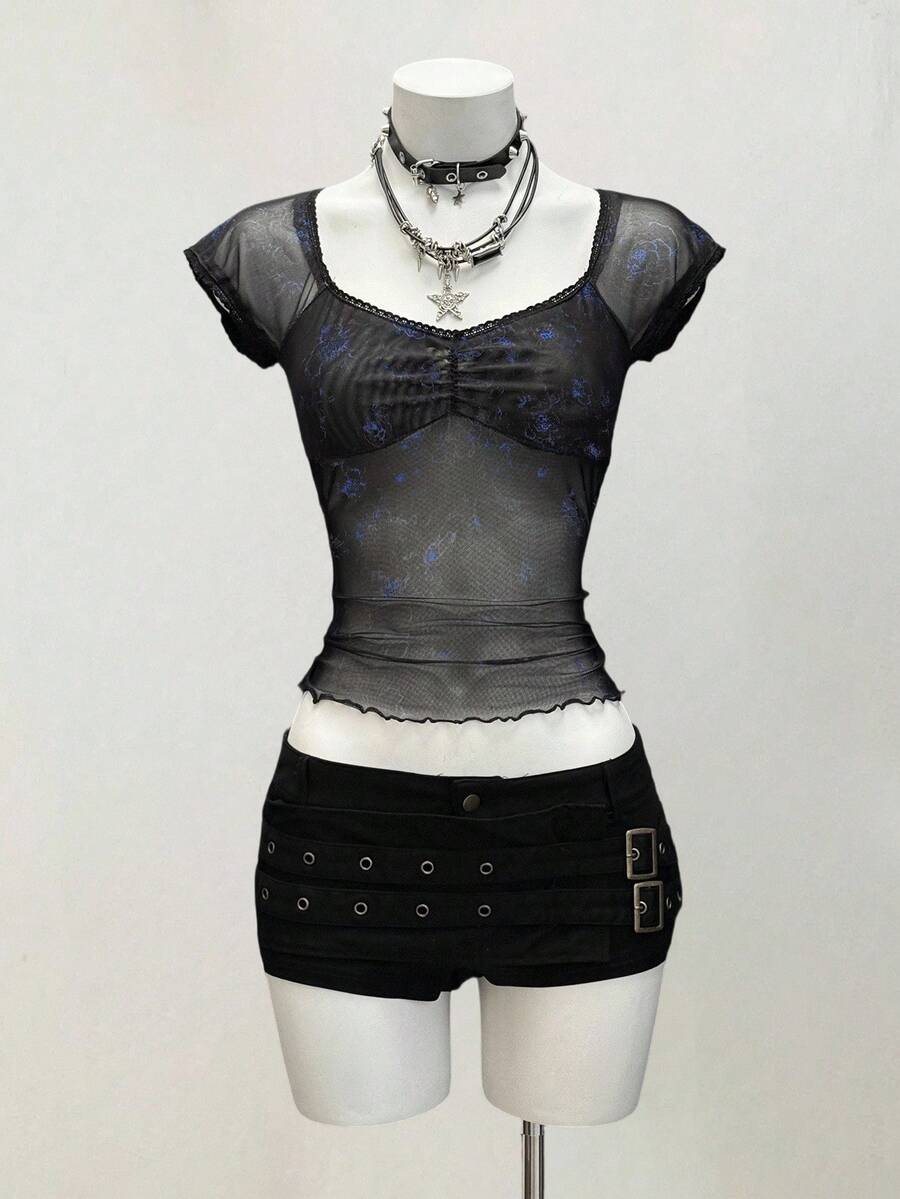 EgrlEra Damen Sexy T-Shirt mit Schleife Dekor und grafischem Muster, Sommer - Schwarz - Übersicht 1