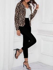 SHEIN Clasi Black Jacket + Leopard Print Pants, Casual Minimalist 2 Pieces Set For Women, Suitable For Autumn/Winter