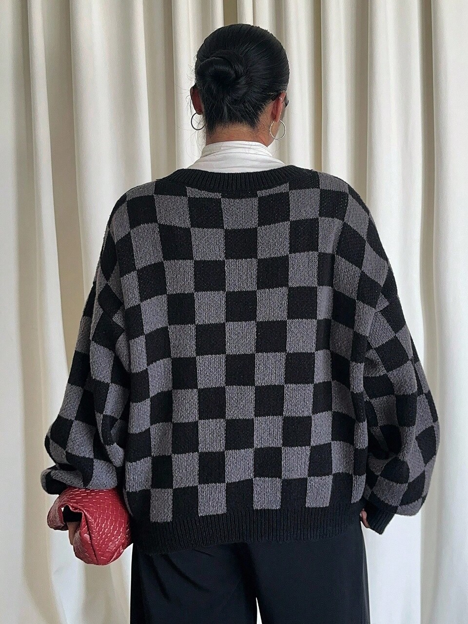 Dazy Plus Color Block Plaid V-Neck Loose Long Sleeve Sweater, Plus Size Cardigan For Autumn/Winter