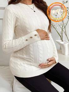 MaterniWear Maternity Elegant White Autumn Cable Knit Sweater For Pregnant Women,Long Sleeve Round Neck Twist Pattern Photoshoot Button Casual Winter Clothes - Apricot - View 3