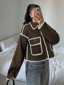 SHEIN EZwear 女士休闲巧克力棕色撞色短款外套，秋冬季 - 巧克力棕 - 查看 1