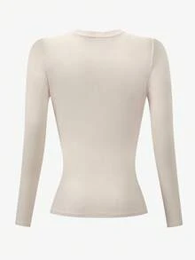 INAWLY Kaos Wanita Lengan Panjang Model Kerah Bulat Pas Badan Warna Aprikot yang Kasual dan Serbaguna - Aprikot - View 2