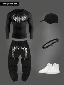 Manfinity Sport Corelite Men's Contrast Color Print Long Sleeve T-Shirt And Pants Sports Suit