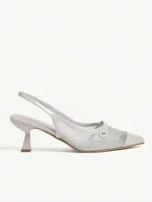 CUCCOO CHICEST Giày cao gót mũi nhọn thanh lịch dành cho nữ có dây khóa kim loại, lưới khoét chữ V, gót nhọn, giày lười đi làm, hẹn hò, mặc thường ngày, chất liệu da bóng và lưới màu xám - trắng - Xem 7