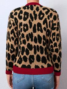 EURMUSE Leopard Pattern Contrast Trim Drop Shoulder Cardigan - Brown - View 2