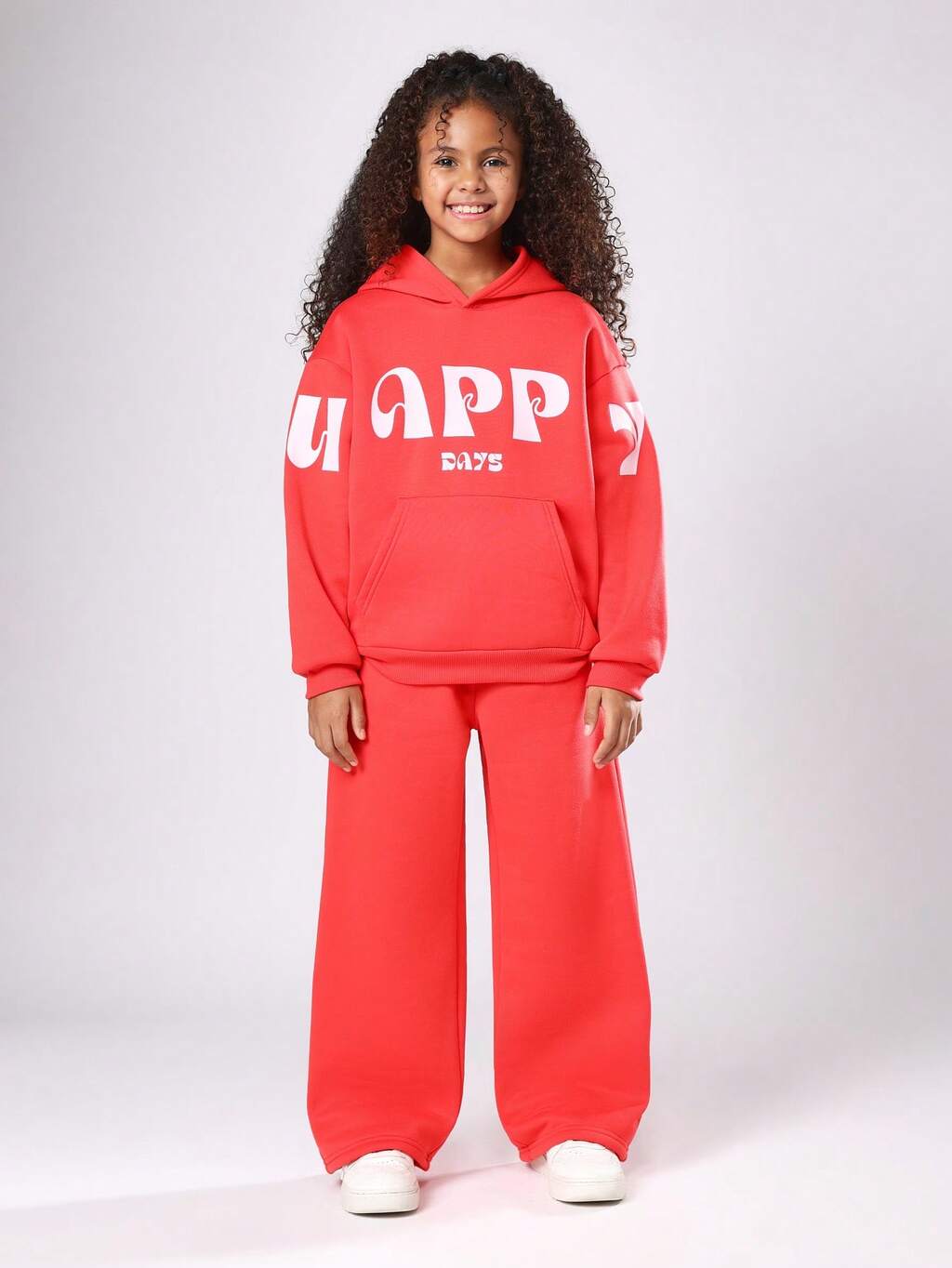 Oversized Hoodie And Wide Leg Sweatpants With Happy Text Print
