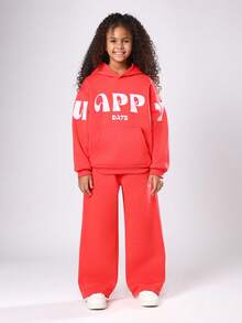 SUMWON Girls Happy Days Co-Ord Set Oversized Centre Pocket Two Piece Holiday Winter Casual Wear Outfit Hoodie And Sweatpants Christmas Autumn - Red - View 1