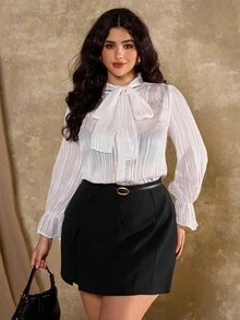 Flirla Plus Size Women Elegant Silver Striped Tie Bow Blouse Fall Cloth For Women - White - View 5