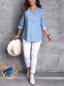 EMERY ROSE Plus Size Casual Commuter Notched Neck Denim Blouse - Blue - View 7