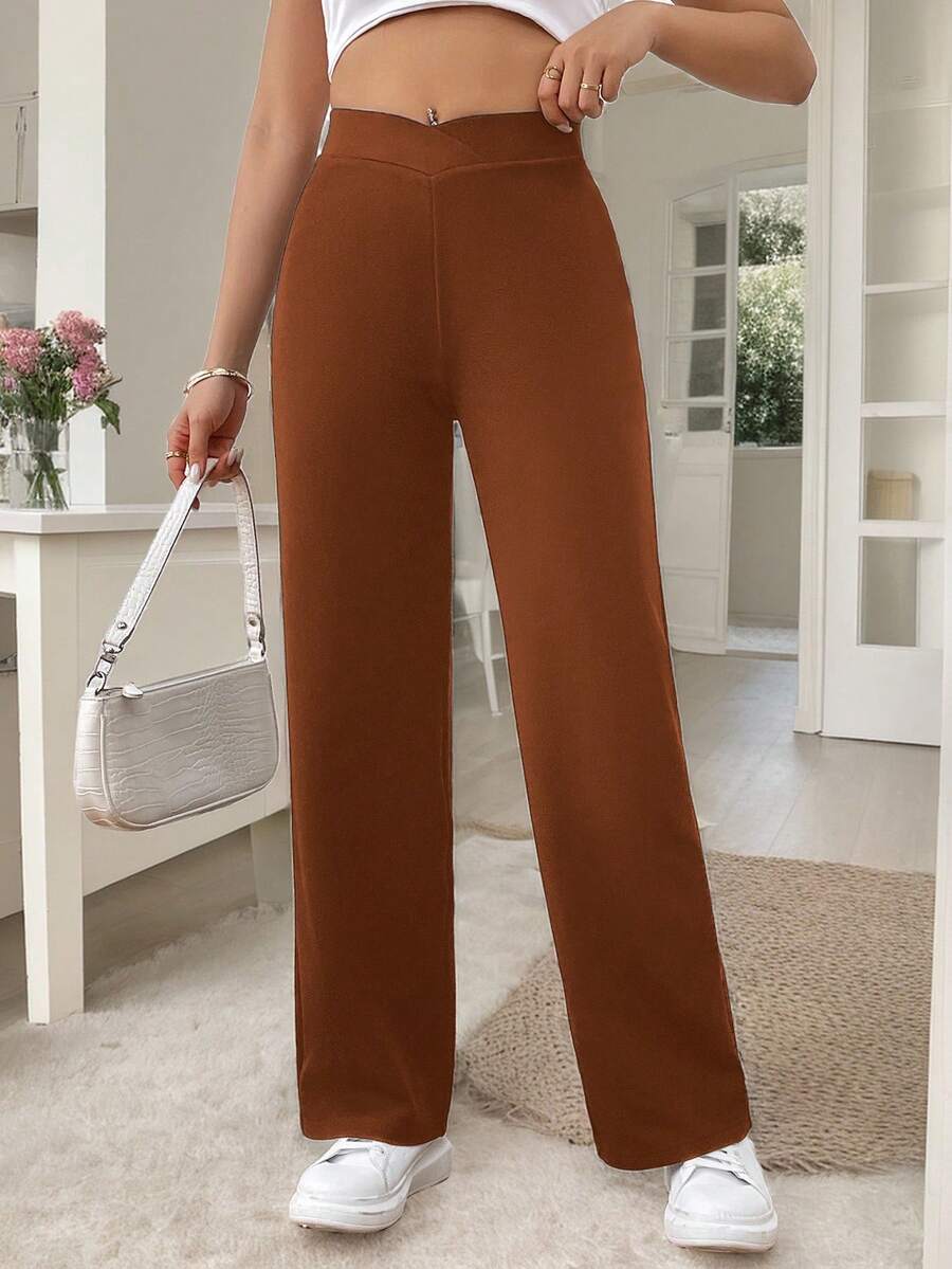 SHEIN Frenchy 女士休闲优雅腰部扭纹修身直筒裤 - 紅木色 - 查看 1