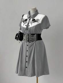 Sunspun Punk Chic Fashion Collared Casual Versatile Contrast Color Spider Print Waist Fit A-Line Dress - Grey - View 6
