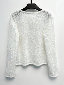 Franclia Women's Autumn White Textured Fabric Jacket, Pearl Button Decor - White - View 2