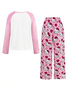HELLO KITTY AND FRIENDS | SHEIN 女士卡通图案撞色插肩袖上衣和长裤睡衣套装，圣诞节礼物，长袖上衣和长裤睡衣套装，毛绒柔软，保暖可爱，秋冬服装