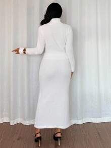 Franclia Elegant Chic White Lounge Set For Women,Autumn High Neck Long Sleeve Knitted Loose Basic A-Line Skirt Set,Winter Clothes - Beige - View 2