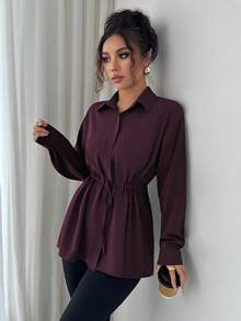 Elenzga Women's Elegant French Office Commute Street Style Utility Shirt, Featuring Shirt Collar, Front Hidden Button Placket, Waist Cinching Drawstring Bowknot , Long Sleeve, Suitable For Spring, Autumn, Winter - Maroon - View 4