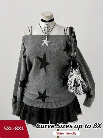 SHEIN CURVE+ 加大码女式 Y2K 街头风五角星提花宽松蝙蝠袖圆领针织毛衣，适合秋冬季、返校季、室内/户外、休闲/通勤，最佳节日礼物，非常适合万圣节/圣诞节、春季/秋季、秋季/冬季