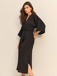 Daynim Solid Knot Front Split Side Denim Dress - Black - View 6