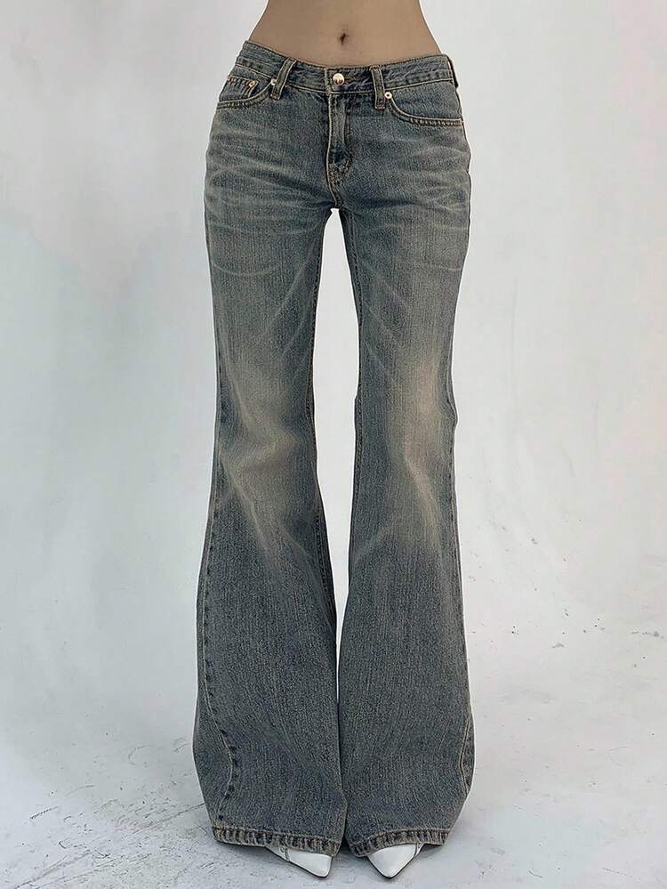 Women Casual Low-Rise Flare Leg Washed Denim Jeans Y2k Streetwear