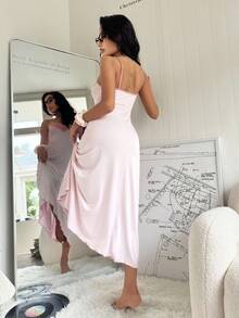 SHEIN 蕾丝边柔软舒适女士长睡袍 - 粉色 - 查看 2
