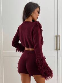 Aloruh Damen Einfarbiger Cardigan mit Fransen und Bindeband an der Vorderseite, Langarm, kurz geschnitten, und gestrickte Shorts, sexy 2 Stücke Set, Herbst - Bordeaux - Übersicht 2