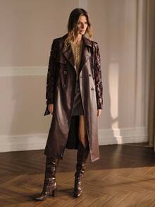 MOTF PREMIUM PU LEATHER DOUBLE BREASTED BELTED TRENCH COAT - Coffee Brown - View 5