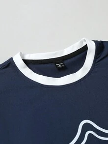 Manfinity Roghcode Men's Casual Colorblock Letter Graphic Round Neck Short Sleeve T-Shirt, Summer - Blue and White - View 4