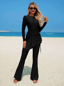 Swim Mulvari 全新中东布基尼泳衣两件套，适度全覆盖长袖和裤子，防晒泳装，东南亚和阿拉伯风格 - 黑色 - 查看 3