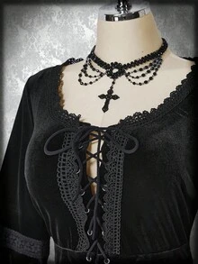 SHEIN ICON Blusa de terciopelo con mangas de volantes y ribete de encaje talla grande - Negro - Ver 5