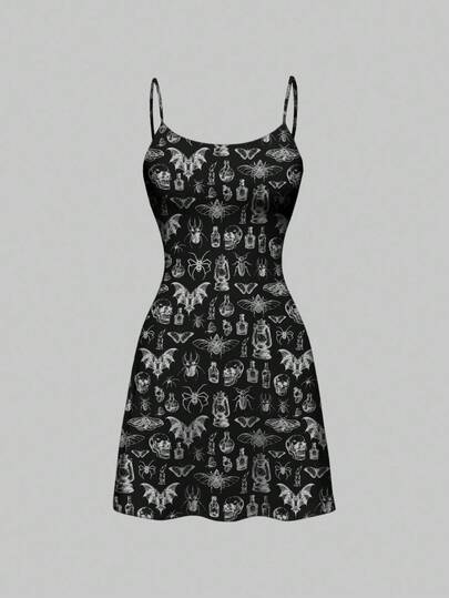 Goth Gothic Skeleton, Moth, Bat, Spider All-Over Print Camisole Nightgown, Casual Sleepwear