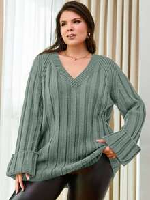 SHEIN Cottnline Suéter de manga raglán de unicolor de talla grande - verde menta - Ver 4