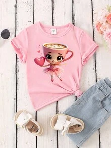 SHEIN 女童休闲时尚创意卡通杯芭蕾女孩爱心图案印花基本款短袖T恤 - 粉色 - 查看 3