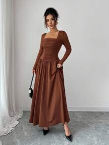 Elenzga Women's Coffee Brown Square Collar High-End Design Front Panel Splice Ruched Slim Fit Cinched Waist Elegant Long Sleeve A-Line Midi Dress, Suitable For Commuting In Autumn Fall Cloth For Women - Coffee Brown - View 4
