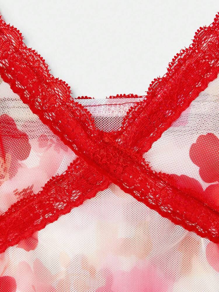 Pink Floral Print Mesh Cami Top With Red Lace Trim And Matching Short Lingerie Set Sexy Lingerie Set Spring Women Clothes Spring Summer  New Year