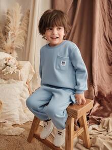 Loomiva 2件套男童提花针织柔软圆领长袖套头衫和松紧腰裤 - 藍色 - 查看 6