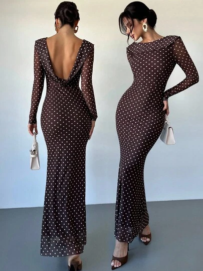 Firerie Women's Coffee Polka Dot Long Sleeve Backless Maxi Dress With Fishtail Hem, Coffee Base White Polka Dot Dress, Elastic Mesh Dress With Lining, Elegant For Daily, Commute, Party, Banquet, Spring, Autumn, Winter, Suitable For Commute, Date, Party, Graduation, Performance, Work, Anniversary, Birthday,Wedding Guest Dress Women