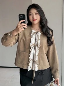 Dazy Plus Chaqueta casual de manga larga con cuello redondo, bolsillo con cordón, volantes y parches para mujer de talla grande, abrigos de mujer para otoño/invierno - Café integral - Ver 4