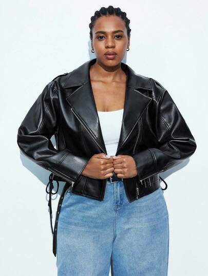 Maija Plus Size Women's Black Motorcycle Jacket, Versatile & Elegant For Daily Wear, Biker, Punk, Y2K, Country Music, Airport Travel, Street, Wedding,Business Casual, Date, Party, Outing, Leather Jacket 90s Y2k Jacket Spring To Summer Spring Outfit Womenvalentine's Day Carnival Fasching Women Costume Party Beach Wedding Vacation Casual