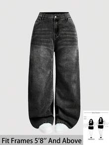 SHEIN Tall CURVE 大码女式休闲基本款蓝色牛仔宽松裤 - 黑色 - 查看 1